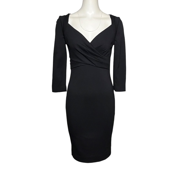 Escada Size 34 Classic Black Dress Ruched V-Neck Faux Wrap Cocktail Knit US 4 XS - Picture 8 of 8